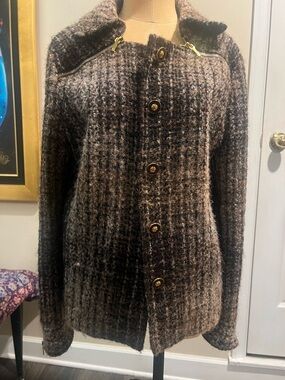 Tory Burch Wool Blend Button Front Jacket - blazer - Brown Plaid gold details